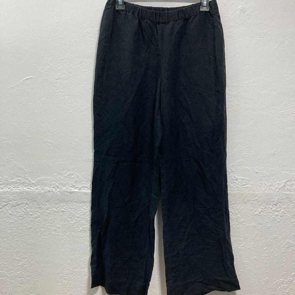 By Ying's Pull-On Wide Leg Pants Elastic Waist Pockets Textured Black Minimalist